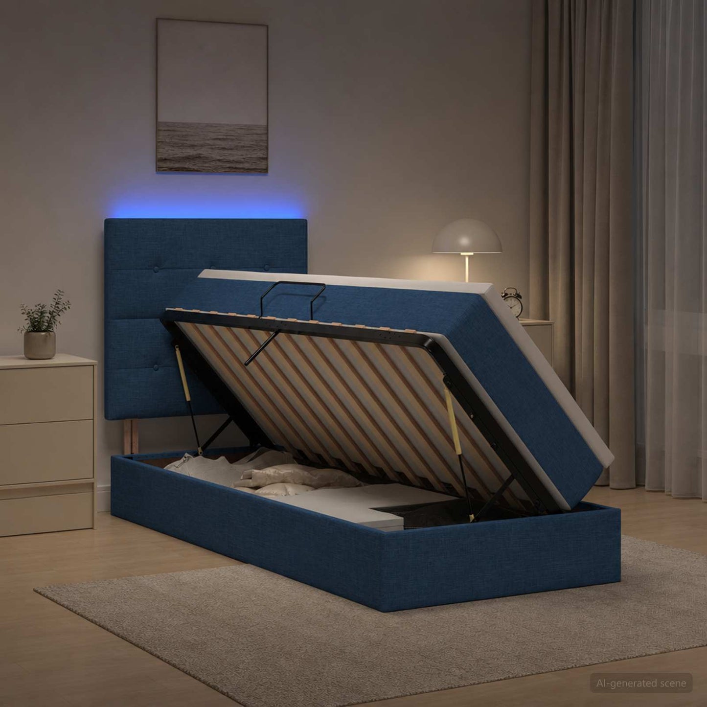 vidaXL LED Κρεβάτι αποθήκευσης με στρώμα Μπλε 100 x 200 cm Ύφασμα