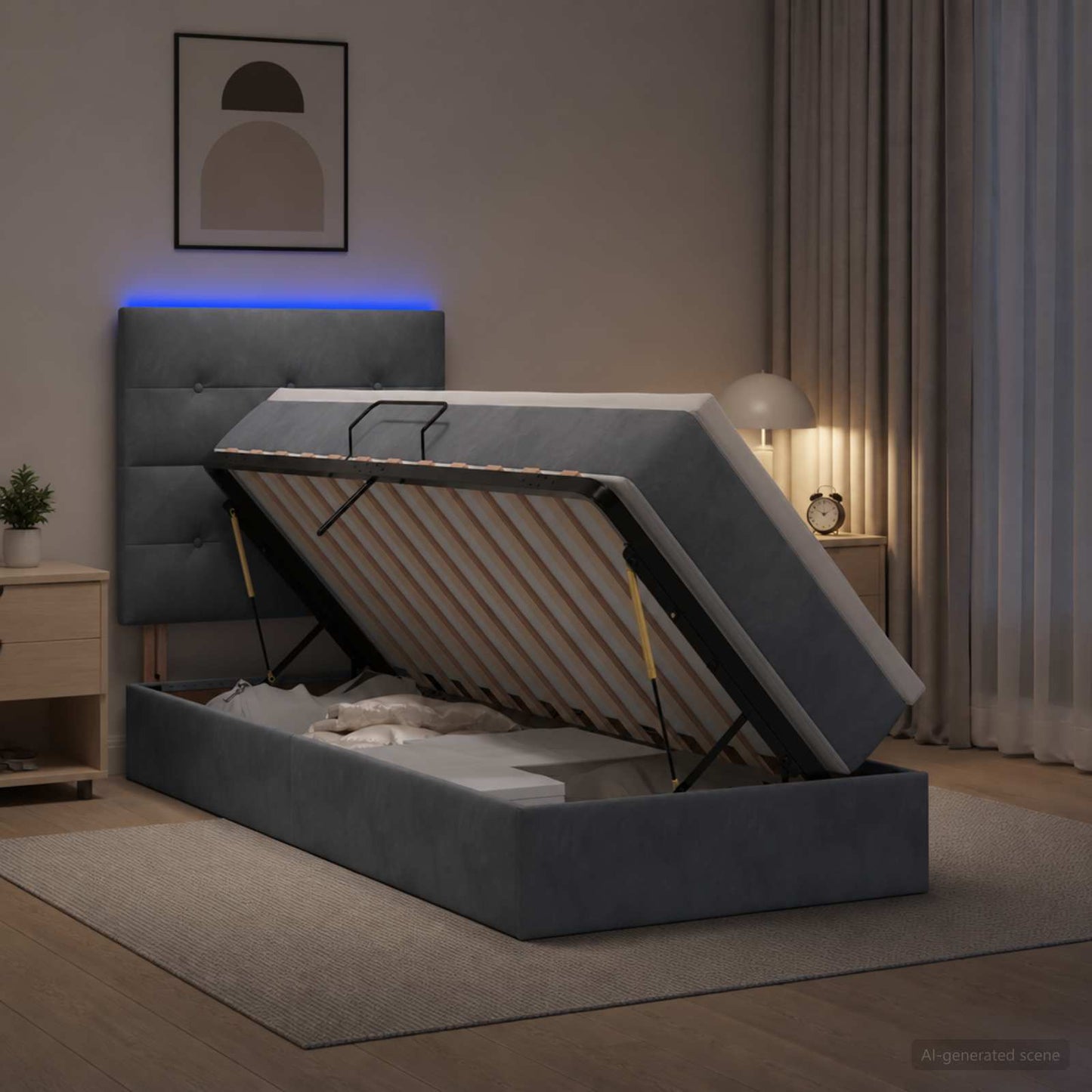 vidaXL LED Κρεβάτι αποθήκευσης με στρώμα Σκούρο Γκρι 90 x 190 cm