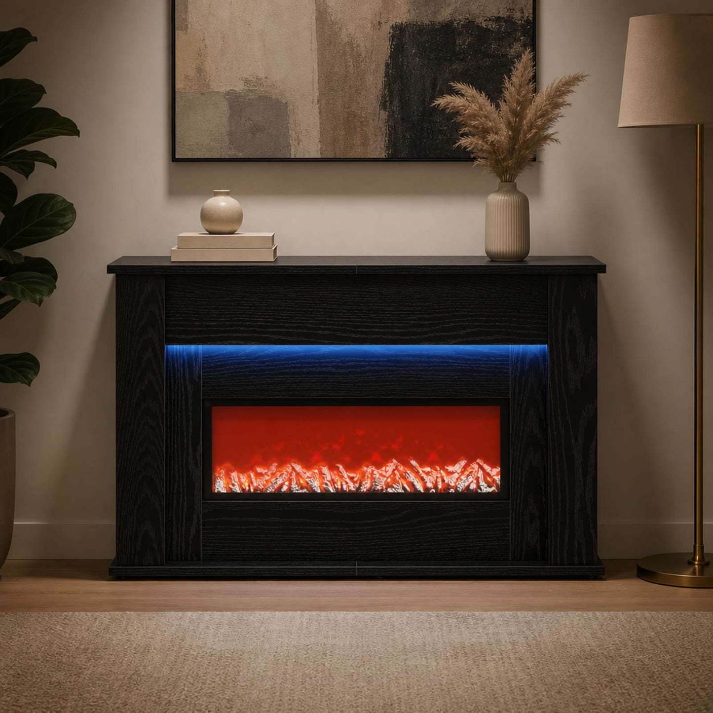 vidaXL Τζάκι με ταινία LED Μαύρη Δρυς 92 x 20 x 54 cm