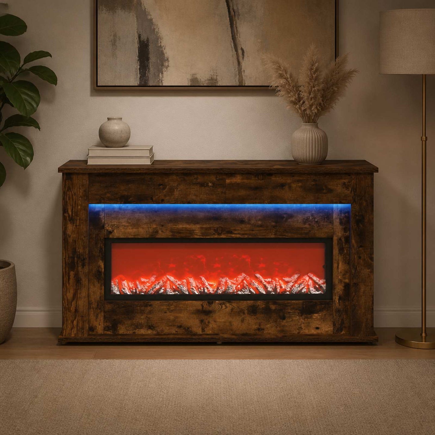 vidaXL Τζάκι με ταινία LED Καπνισμένο Ξύλο Δρυός 130 x 20 x 69,5 cm