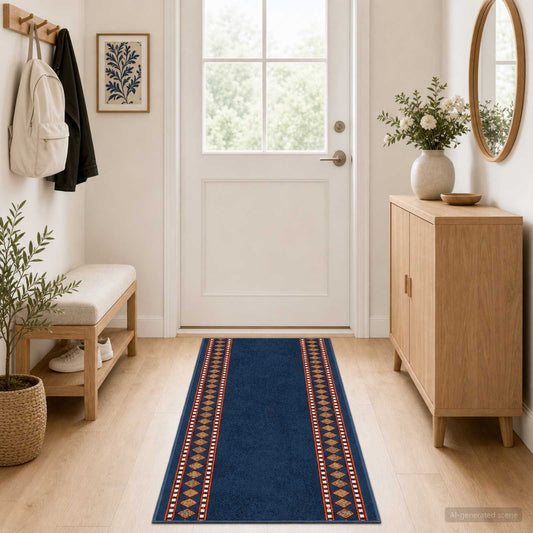 vidaXL Δερμάτινο Χαλί FLORNES Υφαντό Μπλε Διαμάντια 67 x 450 cm PP
