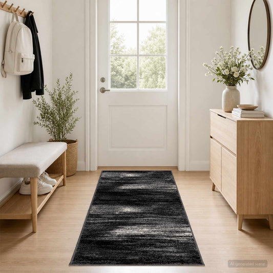vidaXL Δερμάτινο Χαλί FLORNES Υφαντό Μαύρο Πινελιές 67 x 250 cm PP