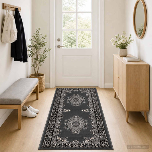 vidaXL Δερμάτινο Χαλί FLORNES Υφαντό Γκρι Σχέδιο 100 x 300 cm PP 7 mm